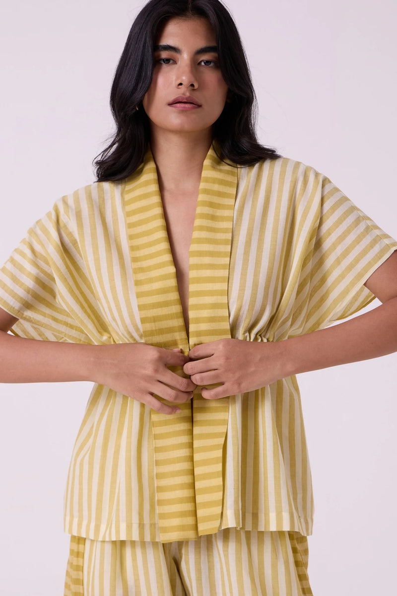 Sajith Yellow Striped Handwoven Tie Top handwoven cotton top/shirt by The Summer House in yellow for women Worldwide