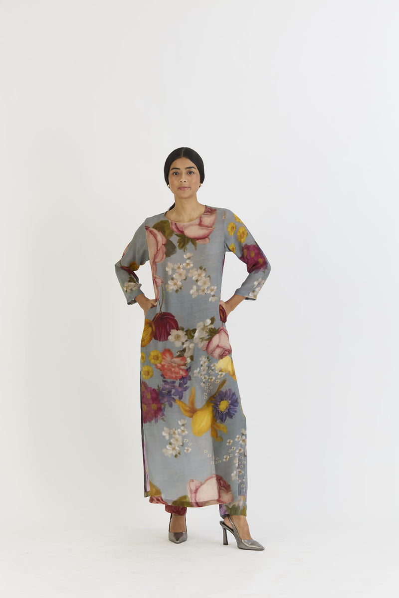 INDIGO ROSE LONG KURTA SET by Yam in blue color for women Worldwide