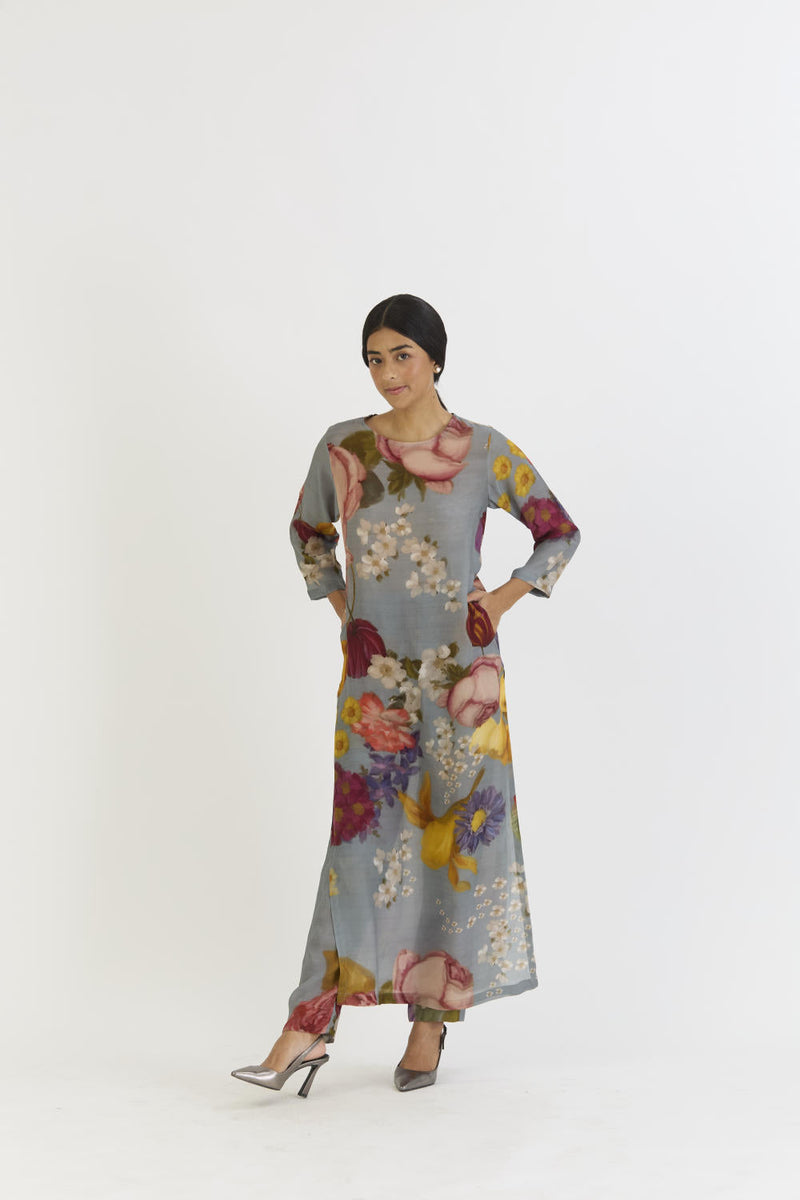 INDIGO ROSE LONG KURTA SET by Yam in blue color for women Worldwide