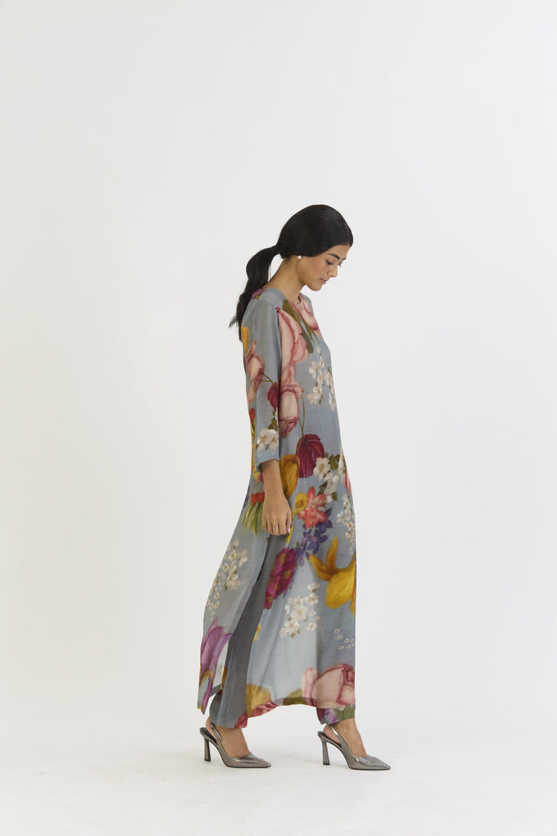 INDIGO ROSE LONG KURTA SET by Yam in blue color for women Worldwide