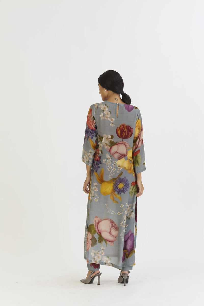 INDIGO ROSE LONG KURTA SET by Yam in blue color for women Worldwide