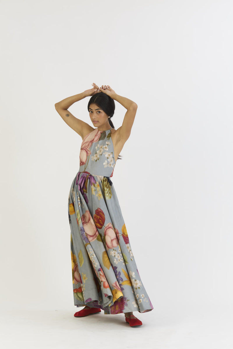INDIGO ROSE HALTER NECK DRESS satin by Yam in blue color for women Worldwide