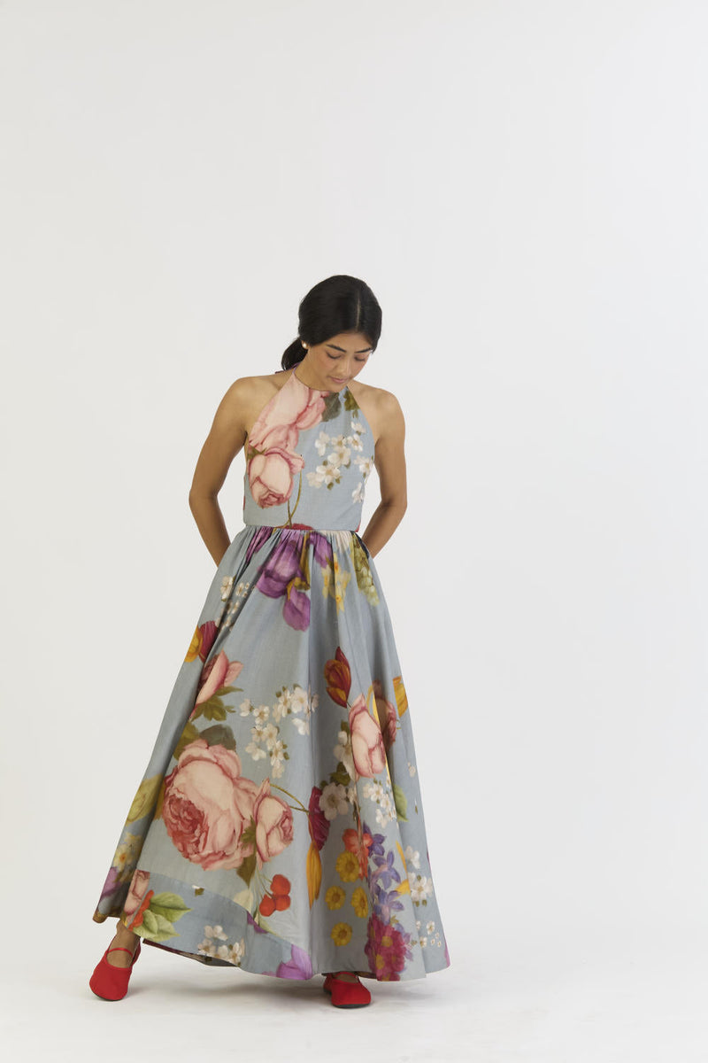 INDIGO ROSE HALTER NECK DRESS satin by Yam in blue color for women Worldwide