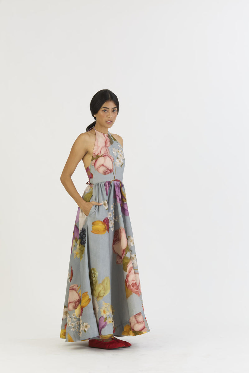INDIGO ROSE HALTER NECK DRESS satin by Yam in blue color for women Worldwide
