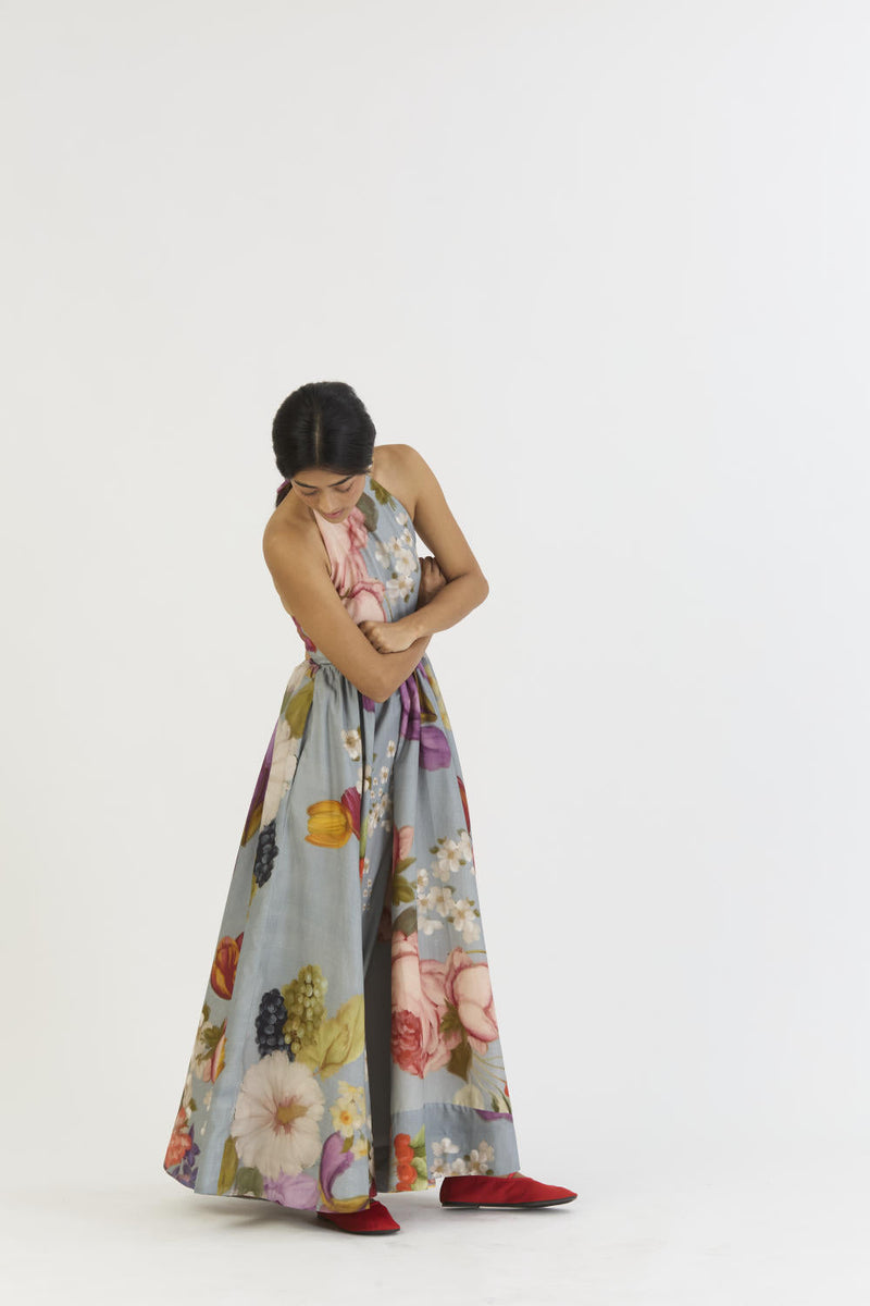 INDIGO ROSE HALTER NECK DRESS satin by Yam in blue color for women Worldwide