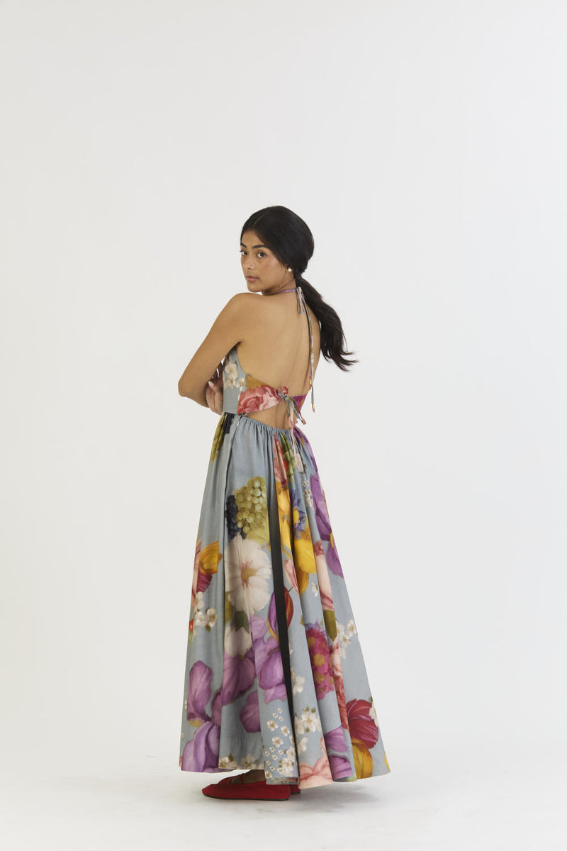 INDIGO ROSE HALTER NECK DRESS satin by Yam in blue color for women Worldwide