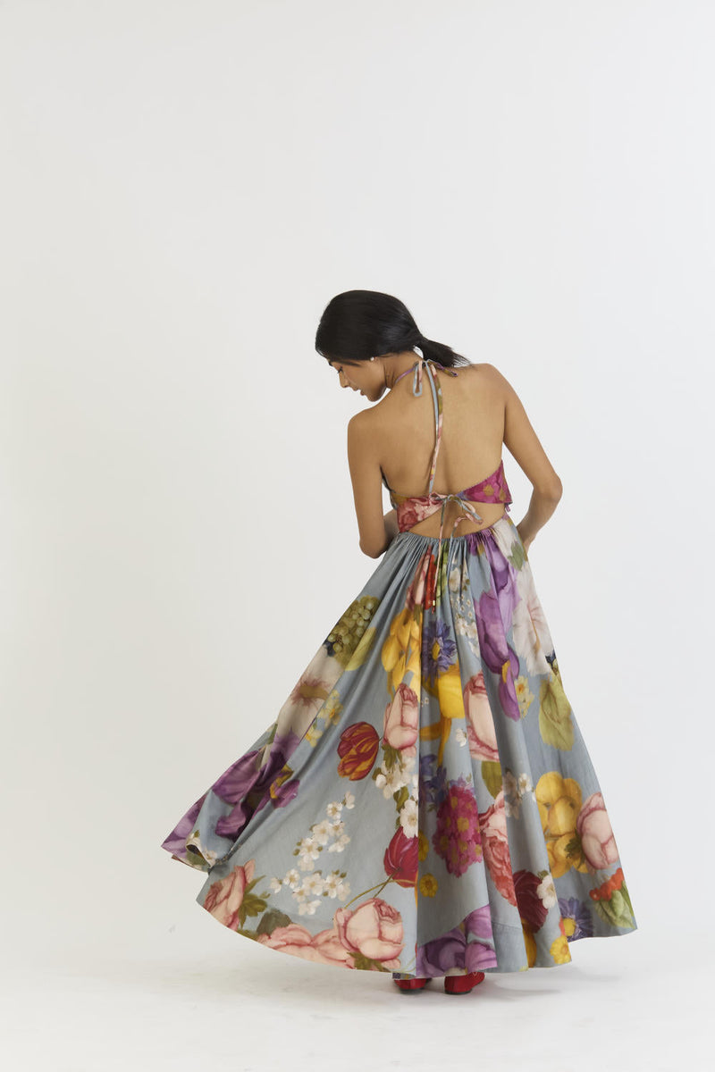 INDIGO ROSE HALTER NECK DRESS satin by Yam in blue color for women Worldwide