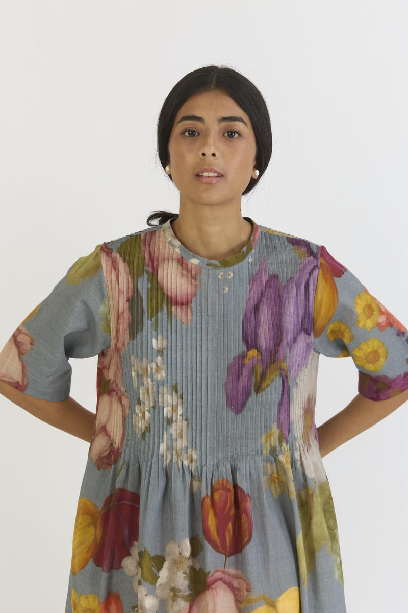 INDIGO ROSE PINTUCKS DRESS cotton by Yam in blue color for women Worldwide