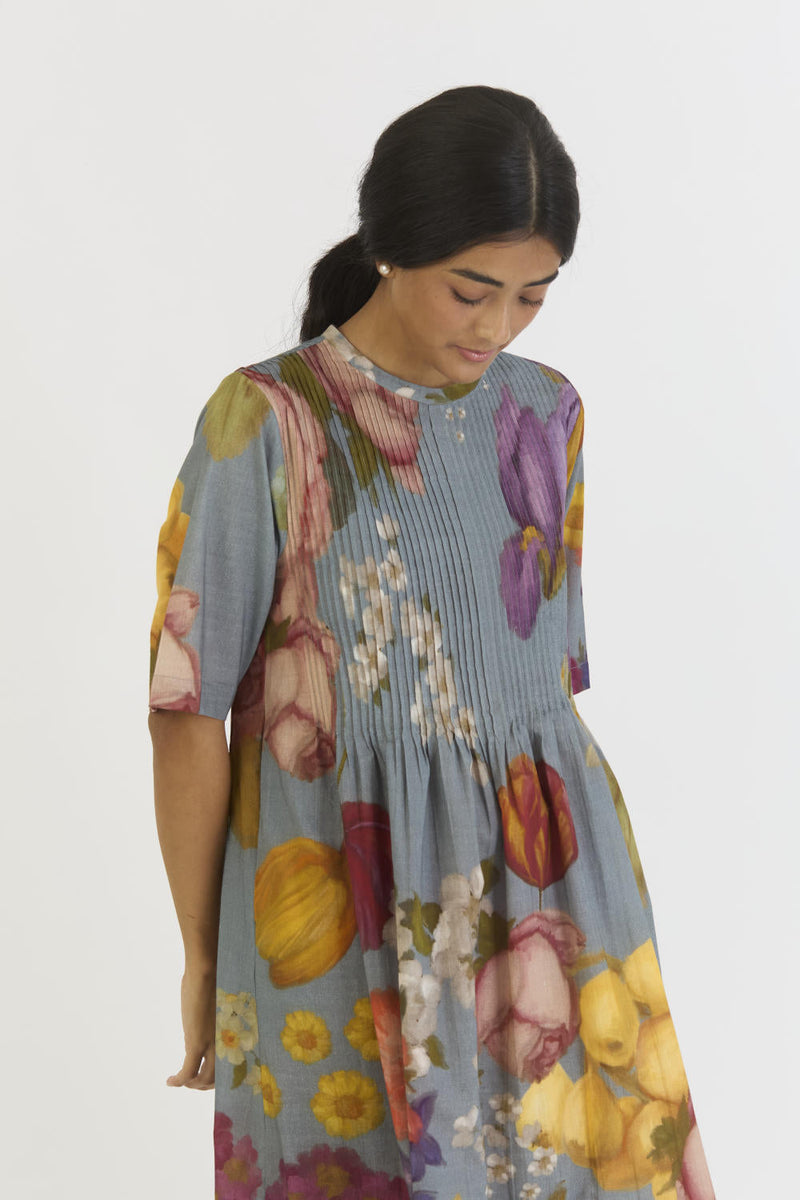 INDIGO ROSE PINTUCKS DRESS cotton by Yam in blue color for women Worldwide