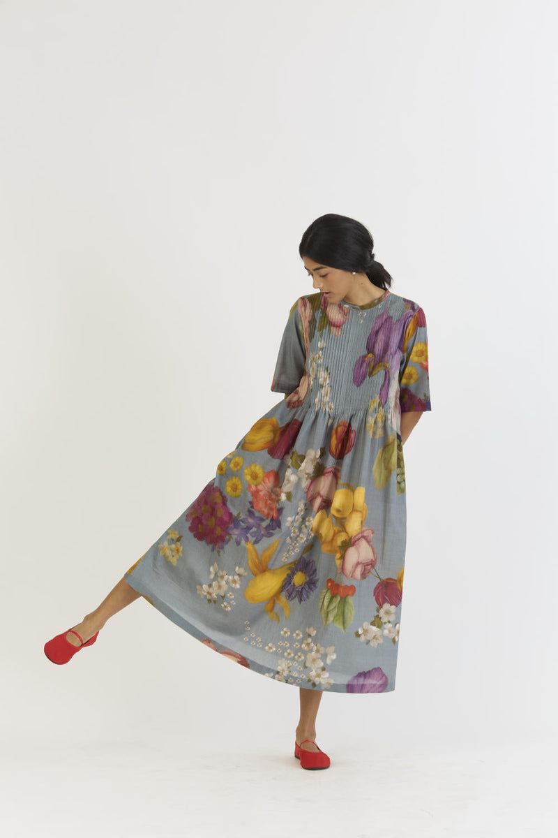 INDIGO ROSE PINTUCKS DRESS cotton by Yam in blue color for women Worldwide