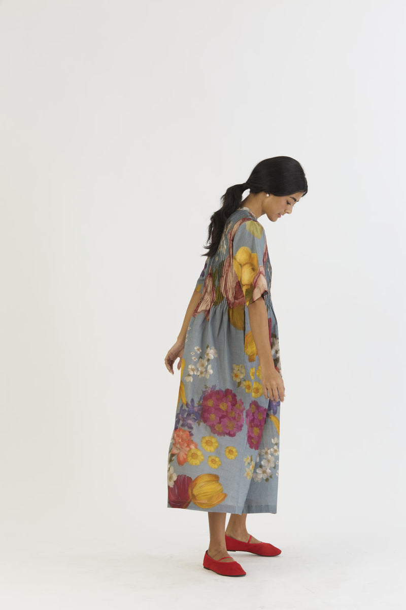 INDIGO ROSE PINTUCKS DRESS cotton by Yam in blue color for women Worldwide