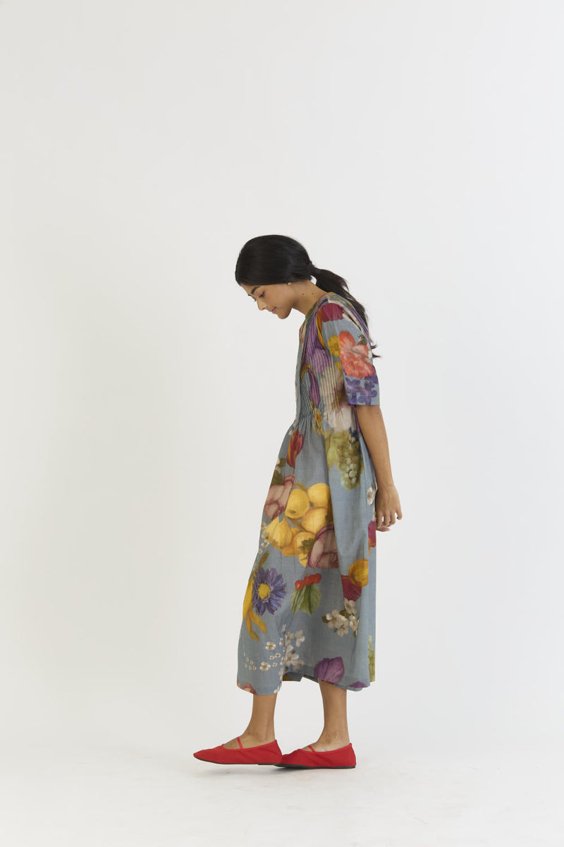 INDIGO ROSE PINTUCKS DRESS cotton by Yam in blue color for women Worldwide