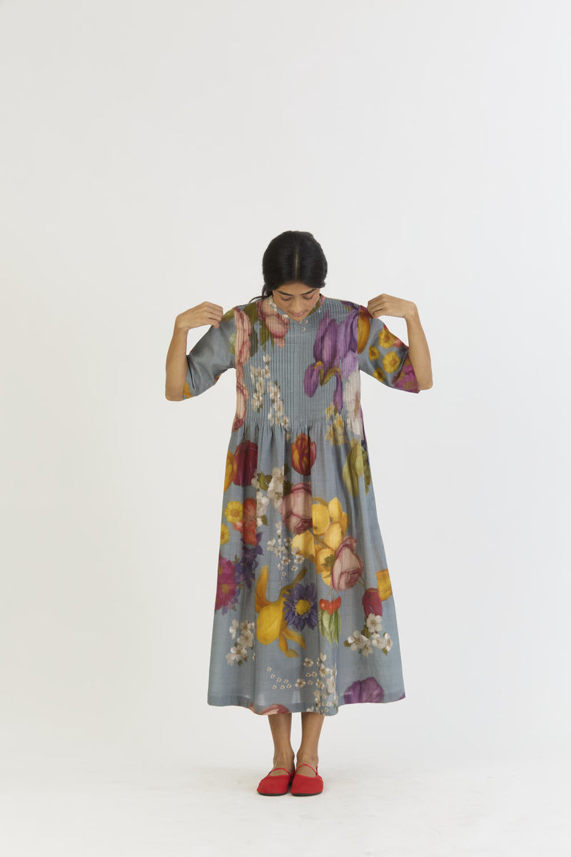 INDIGO ROSE PINTUCKS DRESS cotton by Yam in blue color for women Worldwide