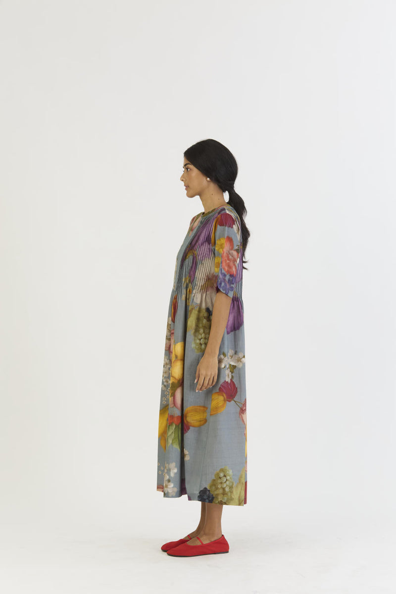 INDIGO ROSE PINTUCKS DRESS cotton by Yam in blue color for women Worldwide