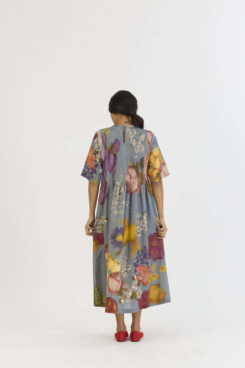 INDIGO ROSE PINTUCKS DRESS cotton by Yam in blue color for women Worldwide