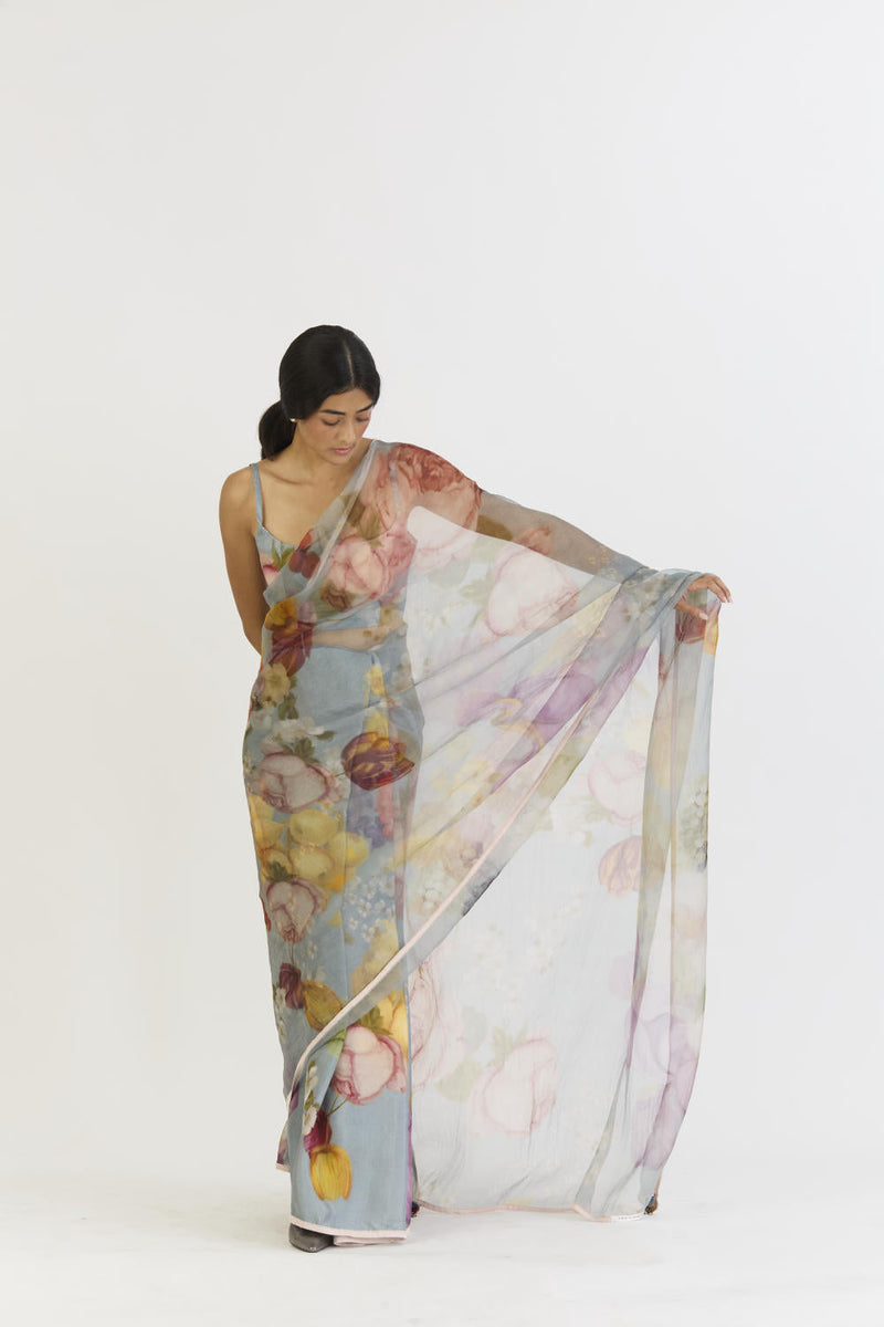 INDIGO ROSE HALF SILK HALF ORGANZA SAREE silk by Yam in blue color for women Worldwide