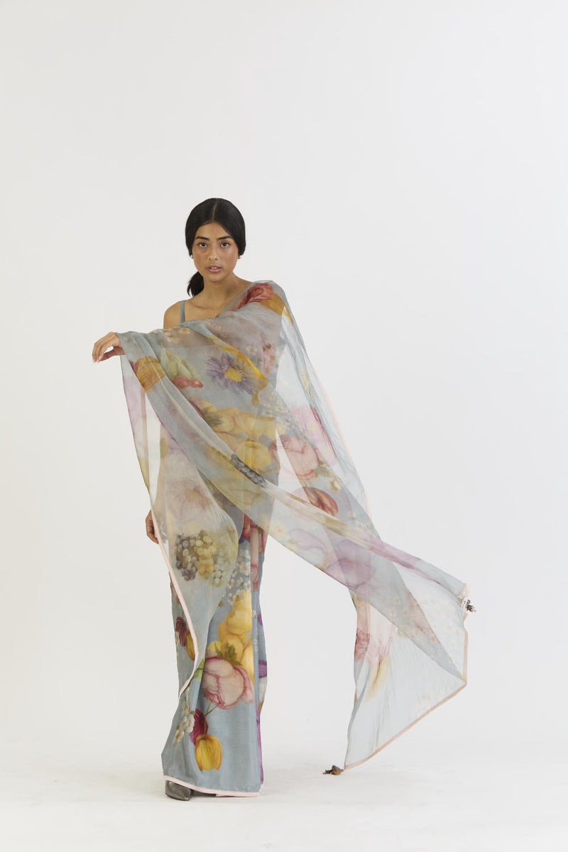 INDIGO ROSE HALF SILK HALF ORGANZA SAREE silk by Yam in blue color for women Worldwide