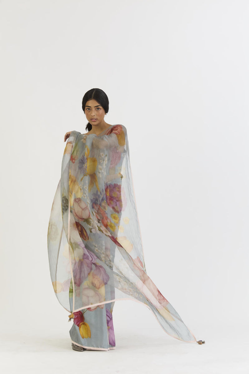 INDIGO ROSE HALF SILK HALF ORGANZA SAREE silk by Yam in blue color for women Worldwide
