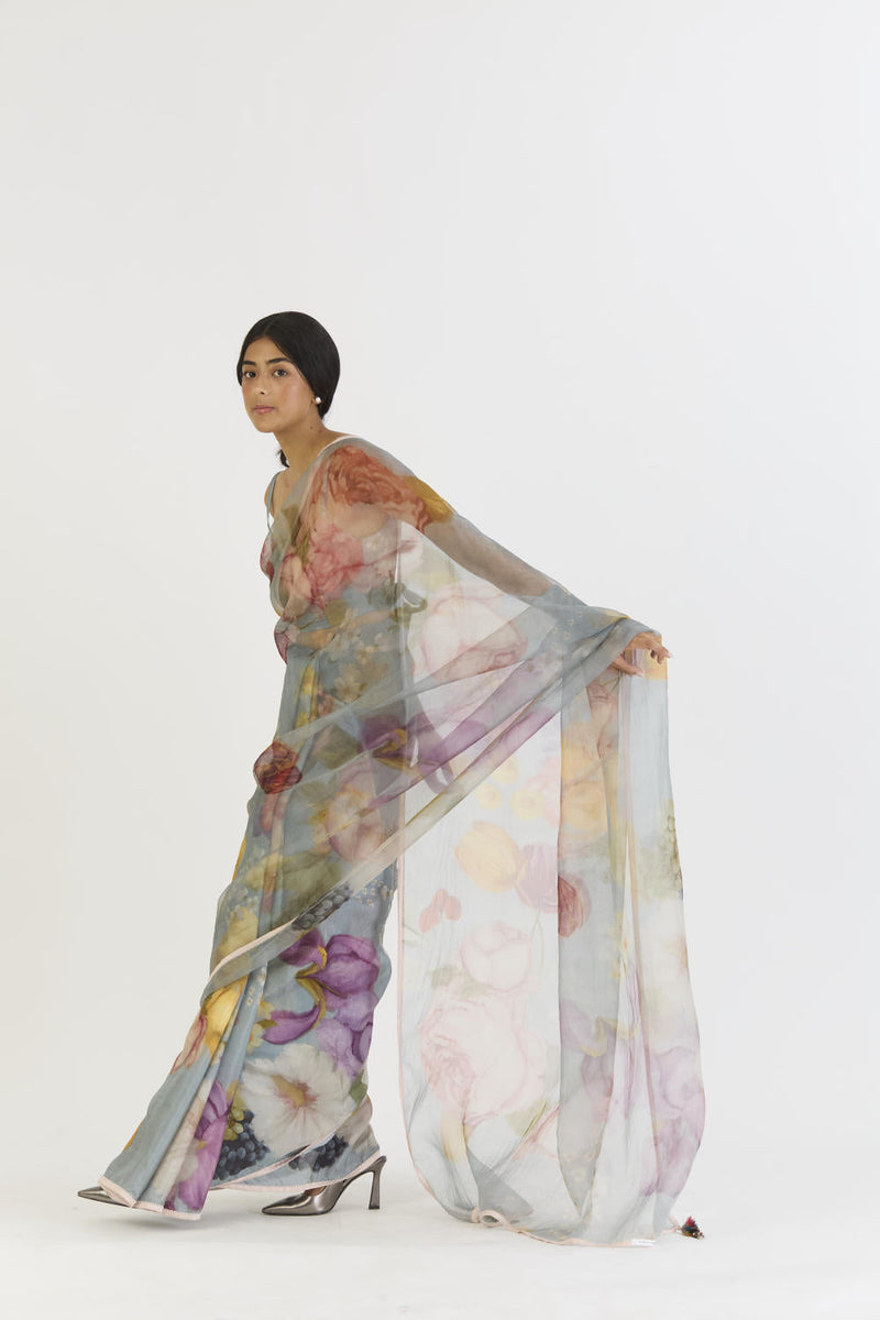 INDIGO ROSE HALF SILK HALF ORGANZA SAREE silk by Yam in blue color for women Worldwide