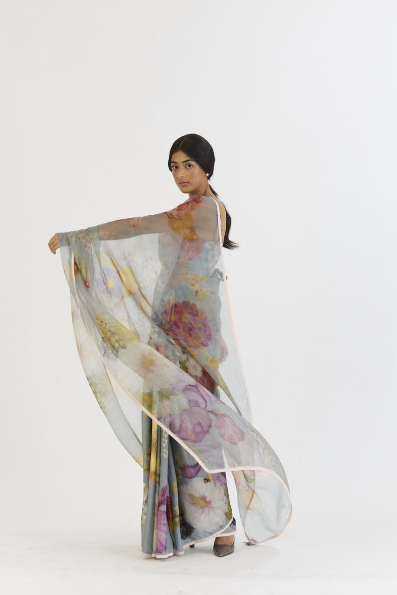 INDIGO ROSE HALF SILK HALF ORGANZA SAREE silk by Yam in blue color for women Worldwide