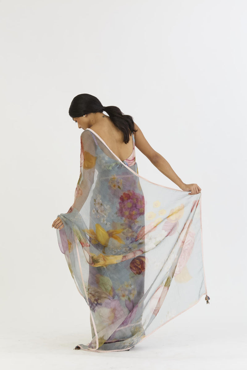 INDIGO ROSE HALF SILK HALF ORGANZA SAREE silk by Yam in blue color for women Worldwide