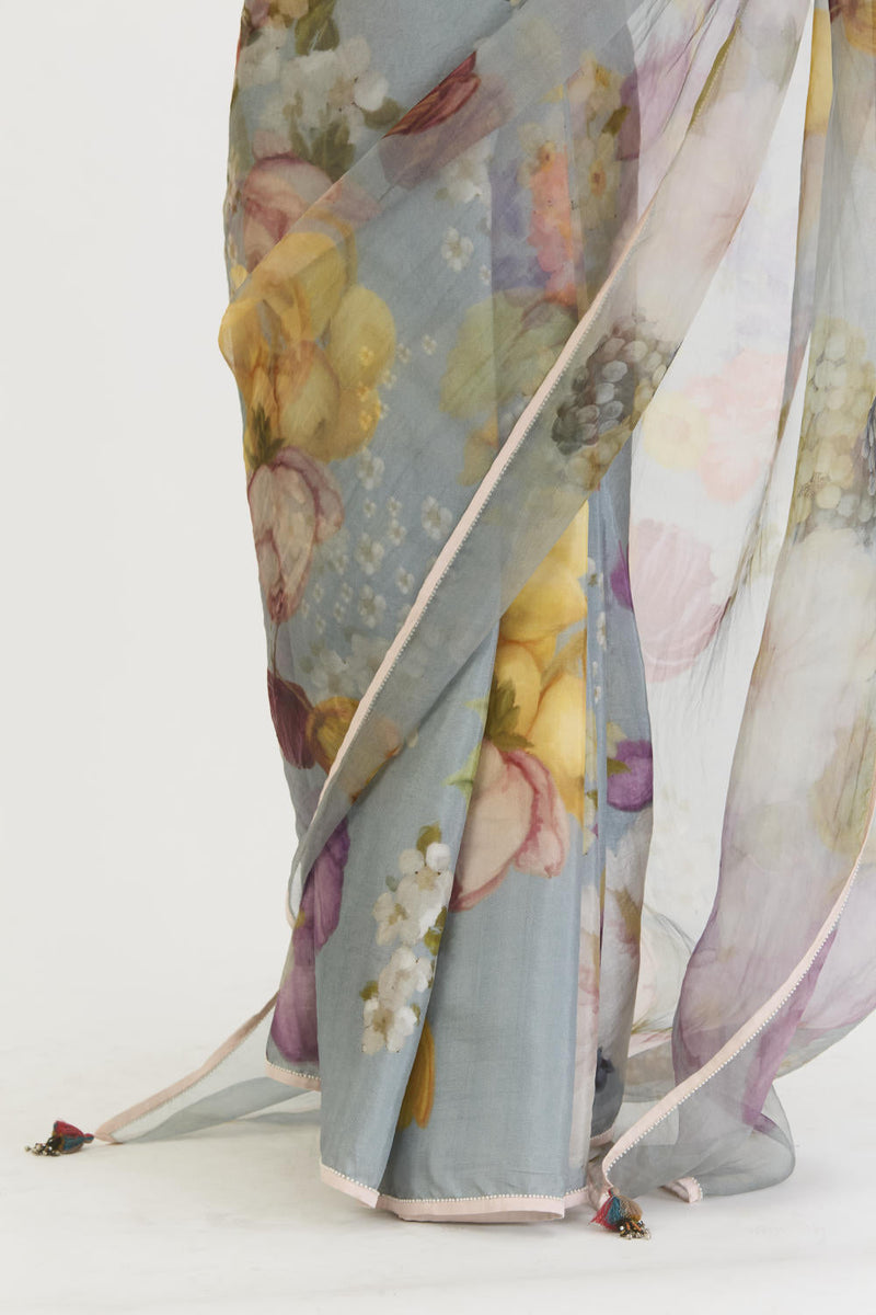 INDIGO ROSE HALF SILK HALF ORGANZA SAREE silk by Yam in blue color for women Worldwide