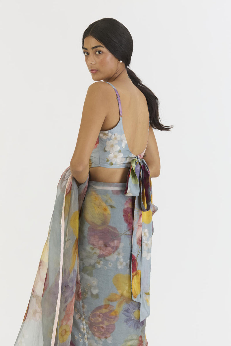 INDIGO ROSE HALF SILK HALF ORGANZA SAREE silk by Yam in blue color for women Worldwide