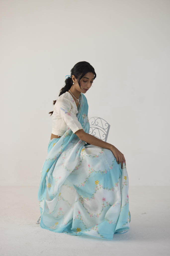Gulmarg Mulberry Organza Silk Sari-Blue organza by Nadiya Paar in blue color for women Worldwide