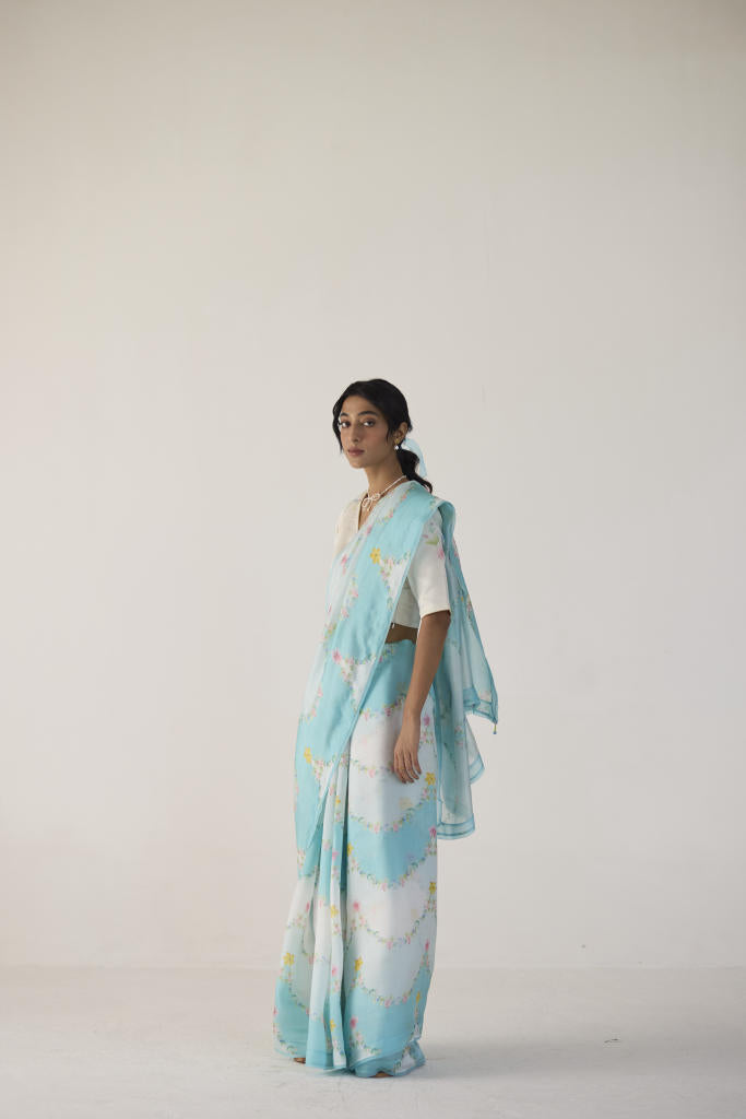 Gulmarg Mulberry Organza Silk Sari-Blue organza by Nadiya Paar in blue color for women Worldwide