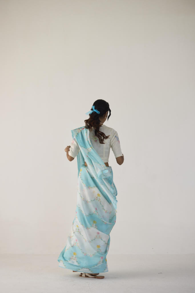 Gulmarg Mulberry Organza Silk Sari-Blue organza by Nadiya Paar in blue color for women Worldwide