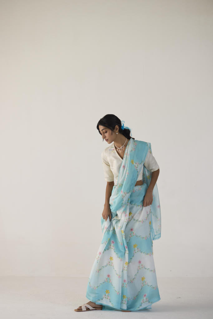 Gulmarg Mulberry Organza Silk Sari-Blue organza by Nadiya Paar in blue color for women Worldwide
