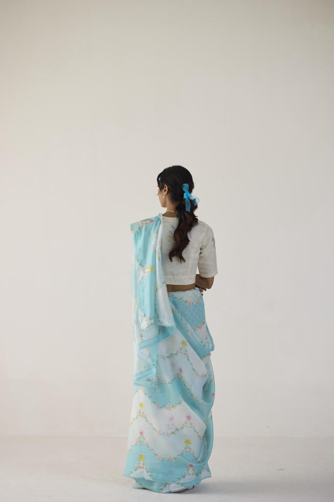 Gulmarg Mulberry Organza Silk Sari-Blue organza by Nadiya Paar in blue color for women Worldwide