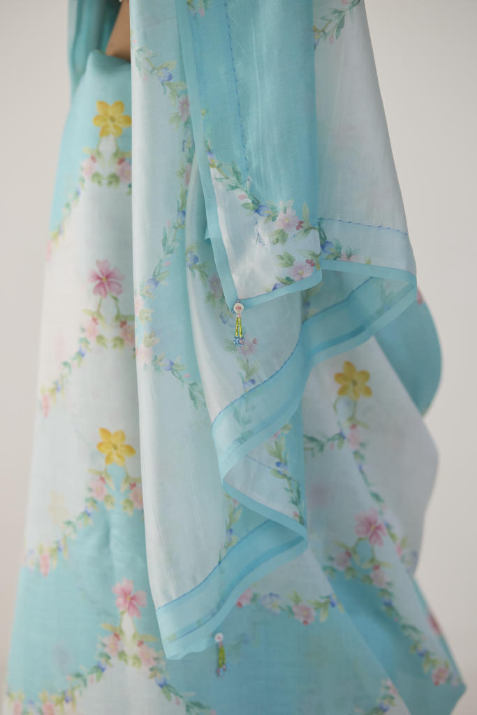 Gulmarg Mulberry Organza Silk Sari-Blue organza by Nadiya Paar in blue color for women Worldwide
