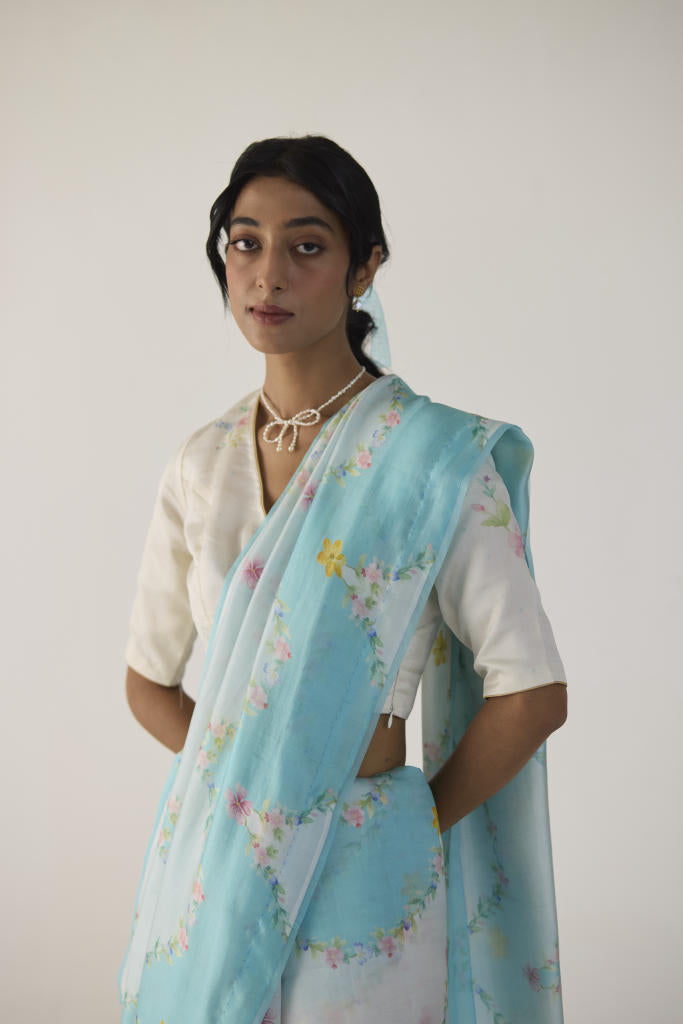 Gulmarg Mulberry Organza Silk Sari-Blue organza by Nadiya Paar in blue color for women Worldwide
