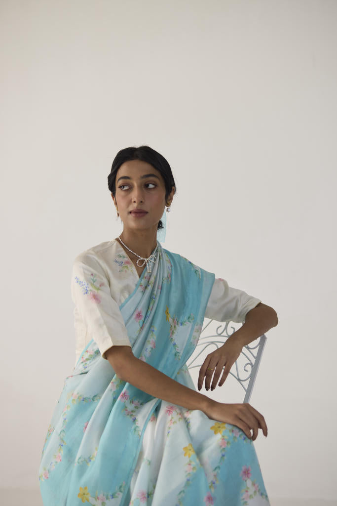 Gulmarg Mulberry Organza Silk Sari-Blue organza by Nadiya Paar in blue color for women Worldwide