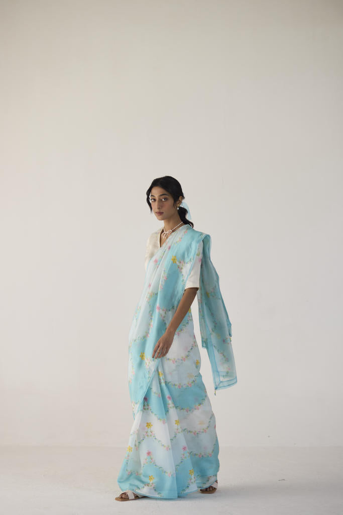 Gulmarg Mulberry Organza Silk Sari-Blue organza by Nadiya Paar in blue color for women Worldwide