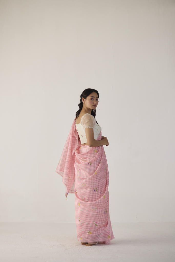 Serene Meadow Mulberry Organza Silk Sari-Pink checks organza by Nadiya Paar in pink color for women Worldwide