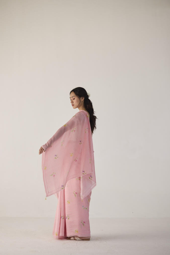 Serene Meadow Mulberry Organza Silk Sari-Pink checks organza by Nadiya Paar in pink color for women Worldwide