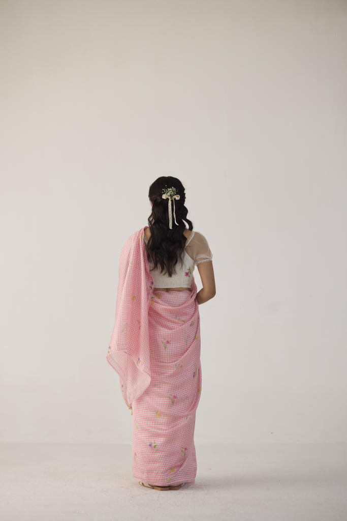 Serene Meadow Mulberry Organza Silk Sari-Pink checks organza by Nadiya Paar in pink color for women Worldwide