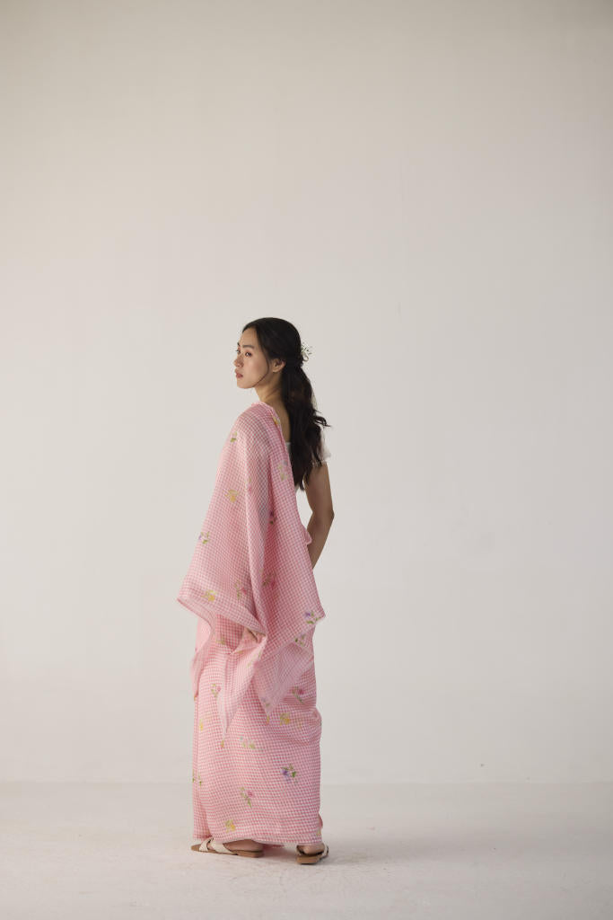 Serene Meadow Mulberry Organza Silk Sari-Pink checks