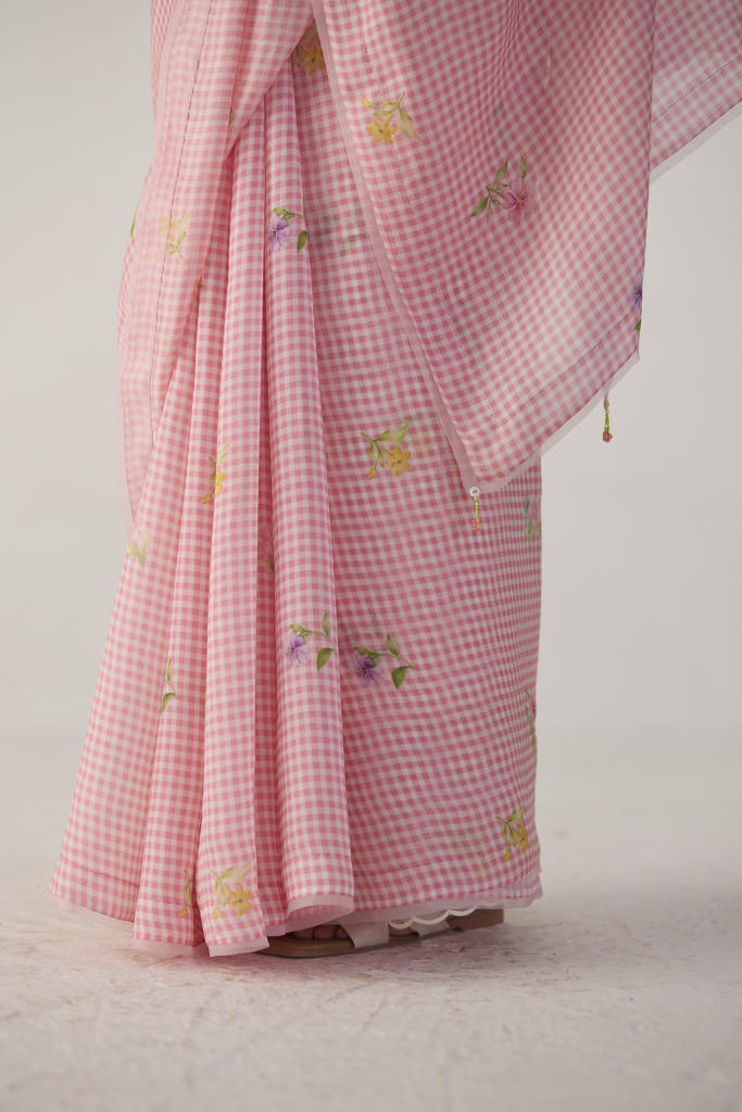 Serene Meadow Mulberry Organza Silk Sari-Pink checks organza by Nadiya Paar in pink color for women Worldwide