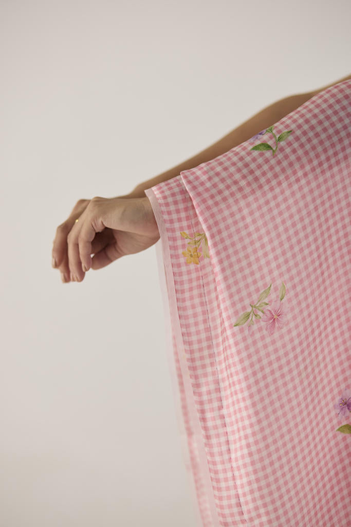 Serene Meadow Mulberry Organza Silk Sari-Pink checks organza by Nadiya Paar in pink color for women Worldwide