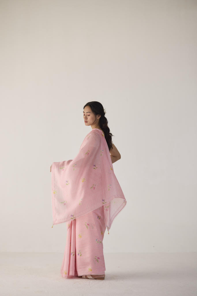 Serene Meadow Mulberry Organza Silk Sari-Pink checks organza by Nadiya Paar in pink color for women Worldwide