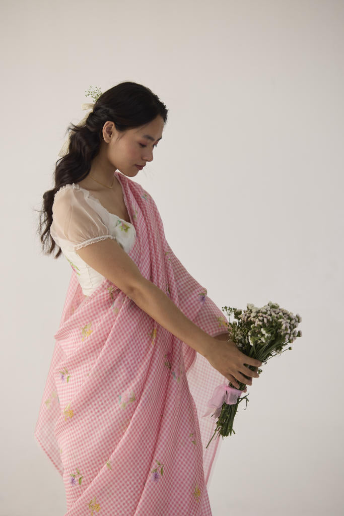 Serene Meadow Mulberry Organza Silk Sari-Pink checks organza by Nadiya Paar in pink color for women Worldwide