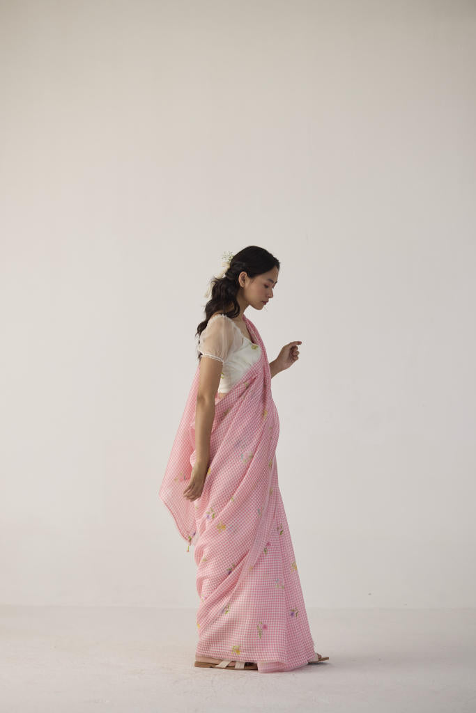 Serene Meadow Mulberry Organza Silk Sari-Pink checks organza by Nadiya Paar in pink color for women Worldwide