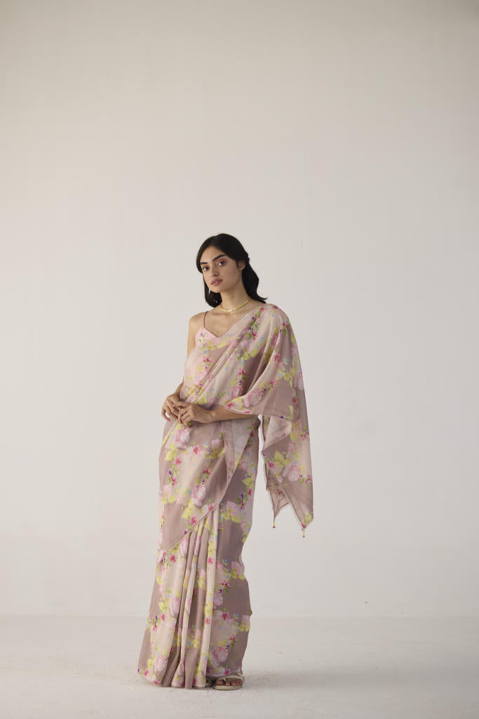 Rose Garden Silk and Cotton Chanderi Sari silk by Nadiya Paar in brown color for women Worldwide