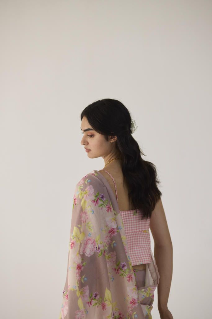 Rose Garden Silk and Cotton Chanderi Sari silk by Nadiya Paar in brown color for women Worldwide
