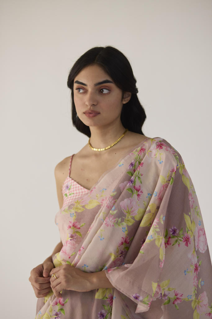Rose Garden Silk and Cotton Chanderi Sari silk by Nadiya Paar in brown color for women Worldwide