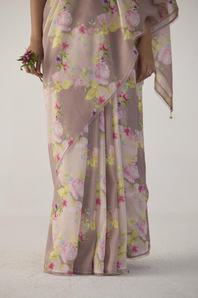 Rose Garden Silk and Cotton Chanderi Sari silk by Nadiya Paar in brown color for women Worldwide