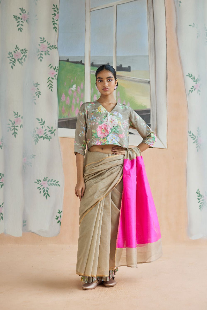 Dunes and Drift Chanderi Sari silk by Nadiya Paar in brown color for women Worldwide